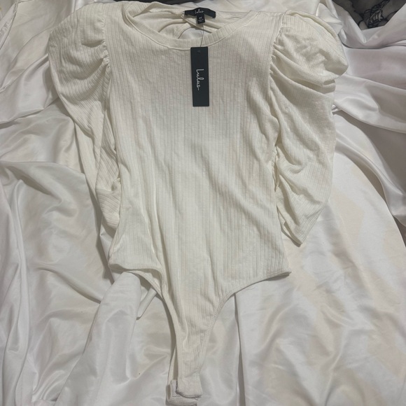 Ivory Ribbed Puff Sleeve Bodysuit main image 1